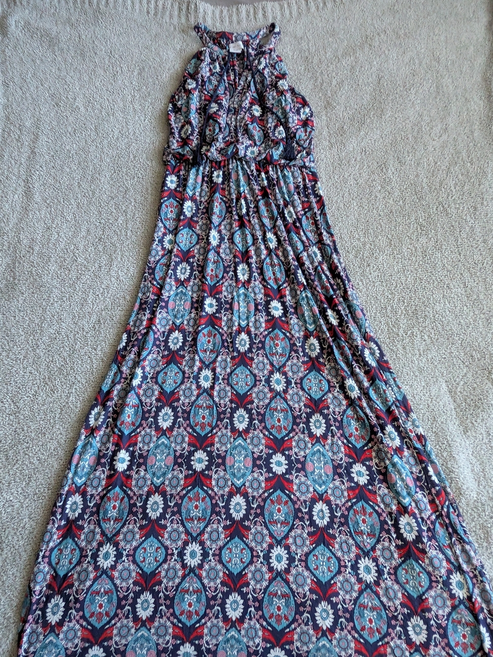 🌼B2G1🌼 Antibes Blanc Bohemian Halter Maxi Dress in Navy, Teal & Red NWOT